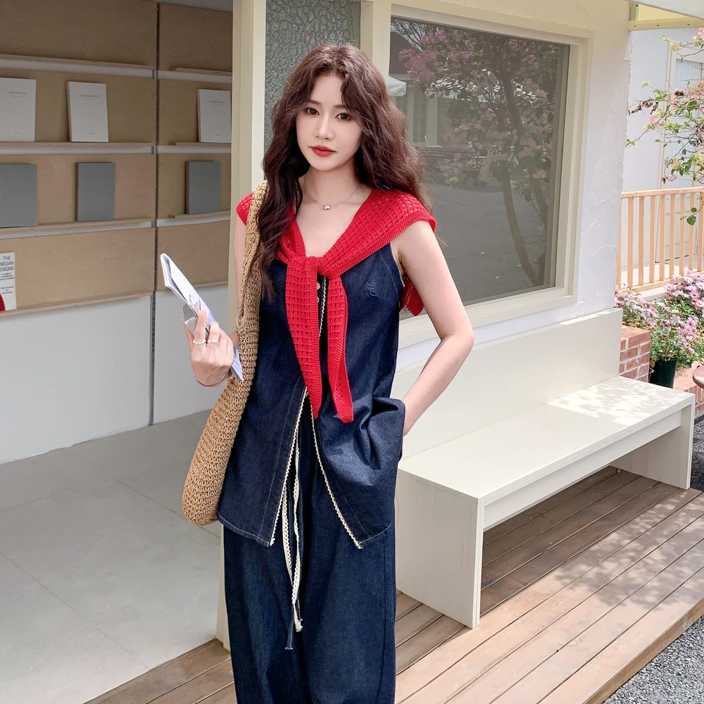 清凉透气复古牛仔吊带阔腿裤两件套女2025夏季新款爆款显白显腿长