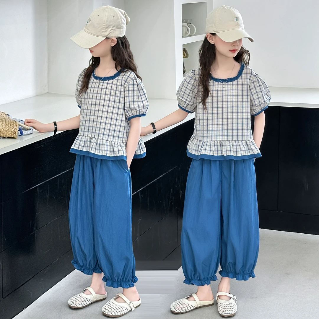 女童夏季套装2025新款中大童时尚蓝色格娃娃衫休闲裤洋气两件套潮