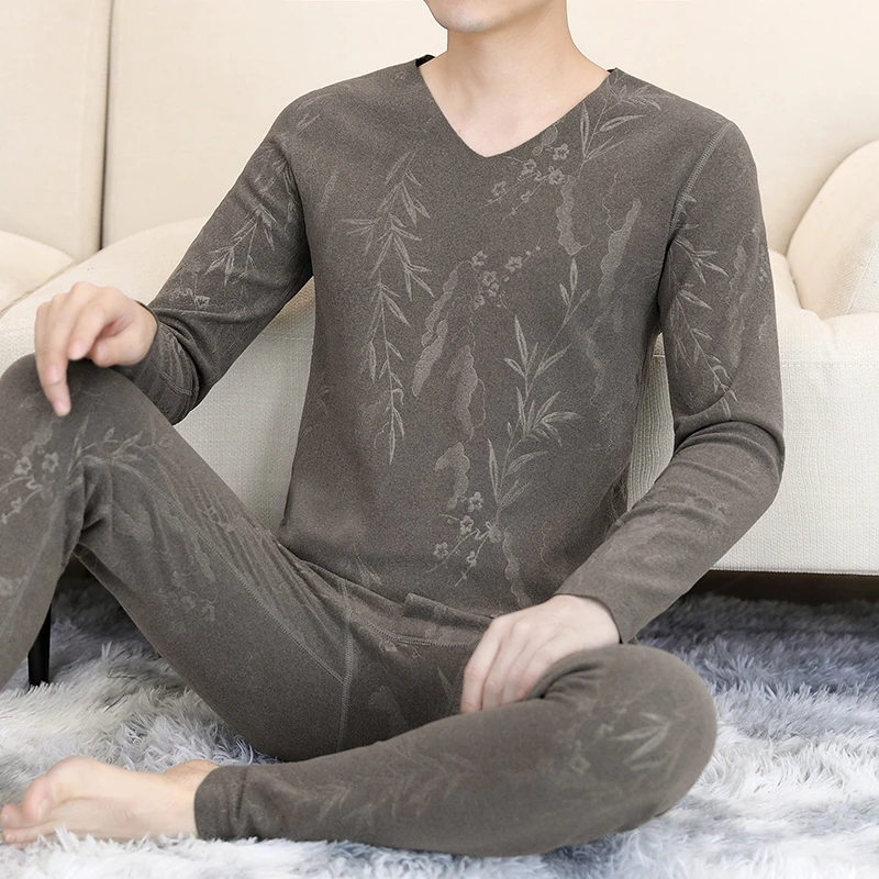 德绒无痕保暖内衣套装男士中青年双面绒V领打底发热秋衣秋裤男款