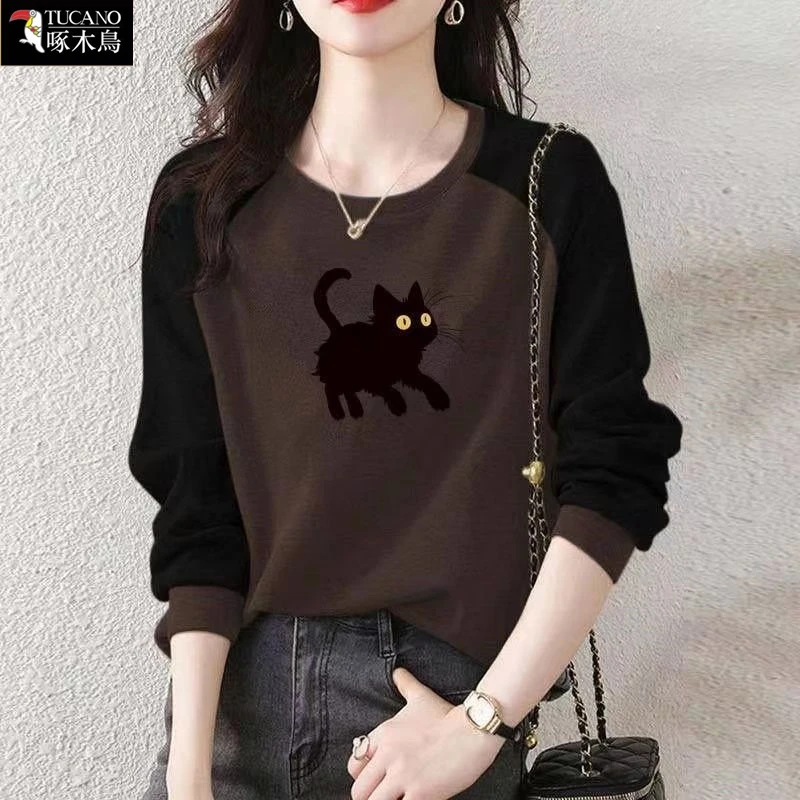 啄木鸟新款韩版印花插肩袖上衣休闲风春秋保暖内搭长袖圆领T恤女