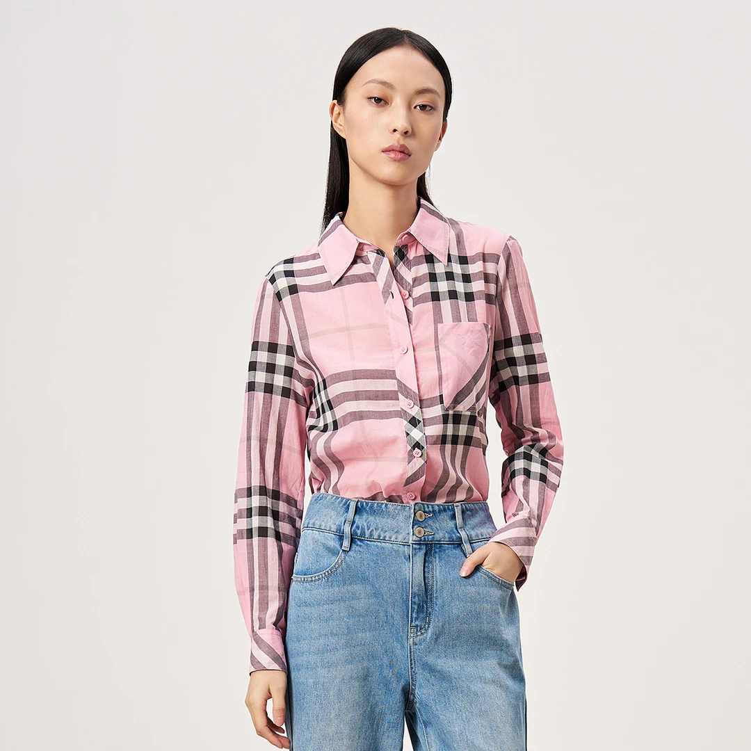 迪卡轩2025春秋季新款长袖复古格子衬衫女气质翻领衬衣F365037