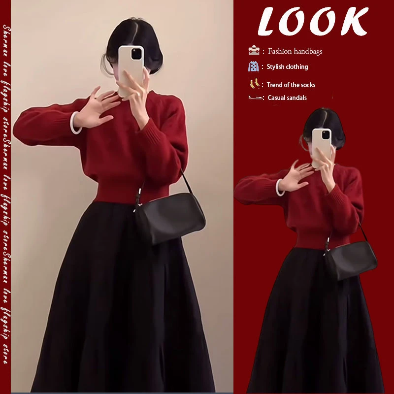 新年氛围感春季国风穿搭红色套头毛衣女宽松显瘦半身裙两件套装潮