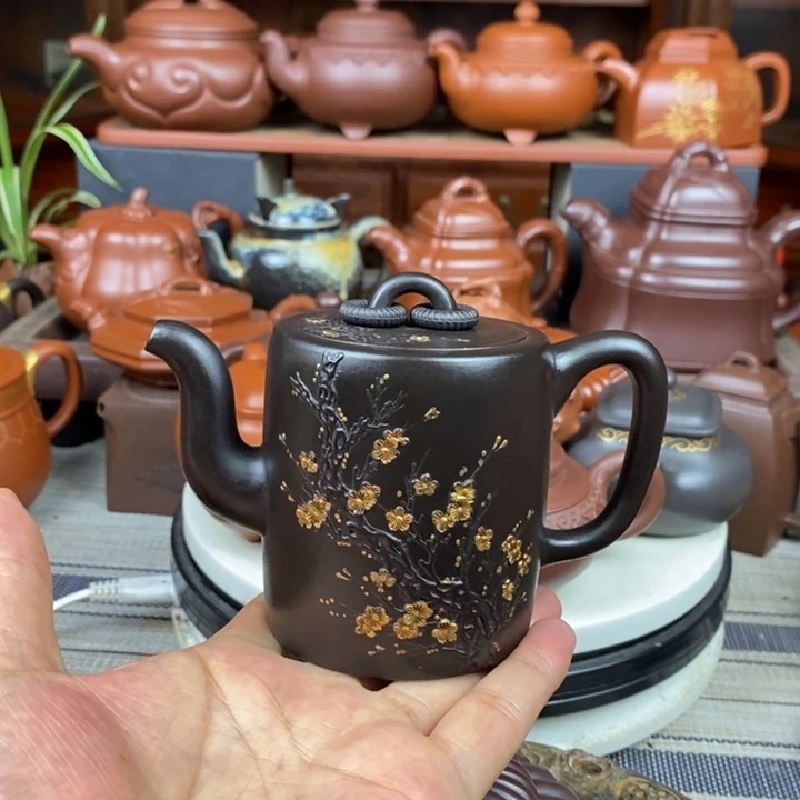 茶壶紫砂双圈240cc原矿赵庄朱捂灰、堆花描金工艺特价