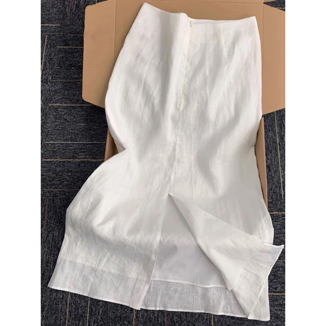 拉夏贝尔老钱风白色高端半身裙女2025夏季新款亚麻亲肤舒适长裙子