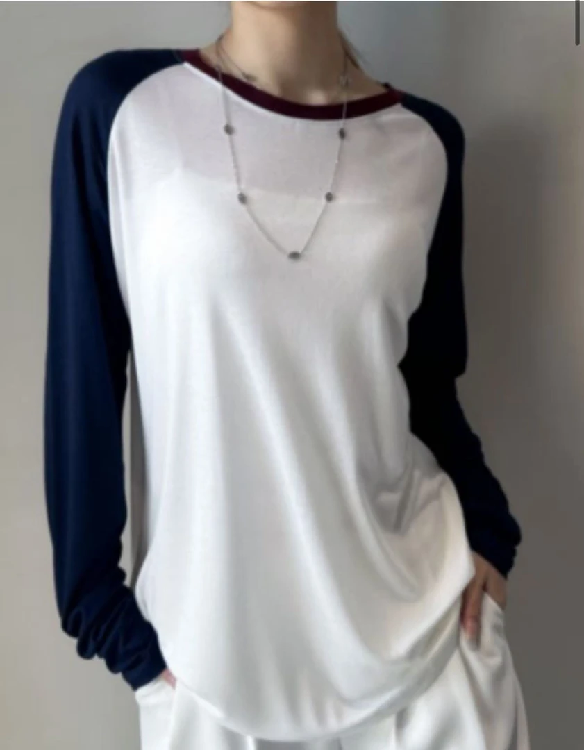 宽松T恤拼色撞色插肩袖假两件圆领背心简约简约通勤2215