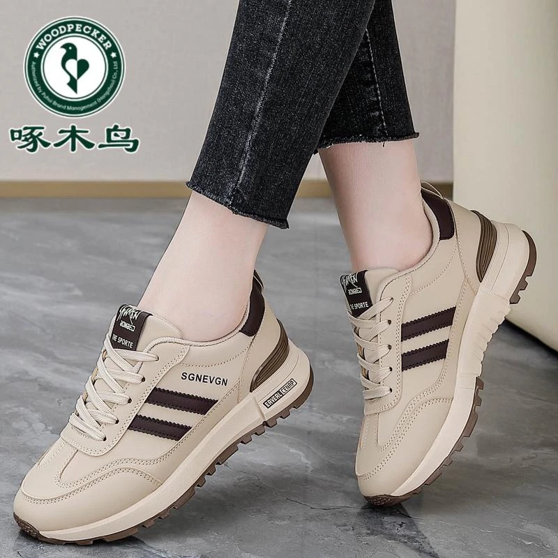 啄木鸟真皮老爹鞋女2025春秋季新款软底运动鞋防滑休闲阿甘跑步鞋