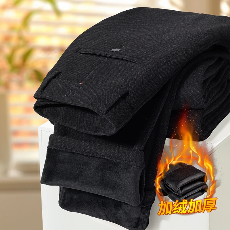 维比萨玻冬季加绒加厚裤子男士秋冬磨毛休闲裤黑色弹力保暖西裤