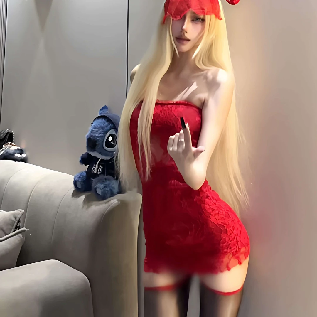 辣妹红色节穿搭战袍抹胸连衣裙女套装蕾丝生日礼服包臀短裙子