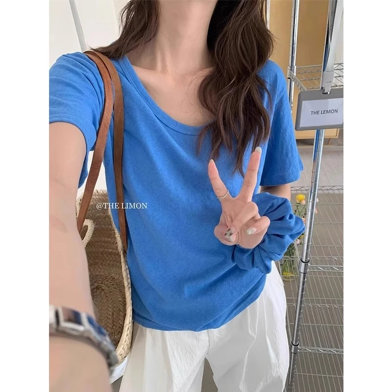 芯娇晴多巴胺蓝色u领正肩短袖T恤女装夏季大领口宽松显瘦半袖上衣