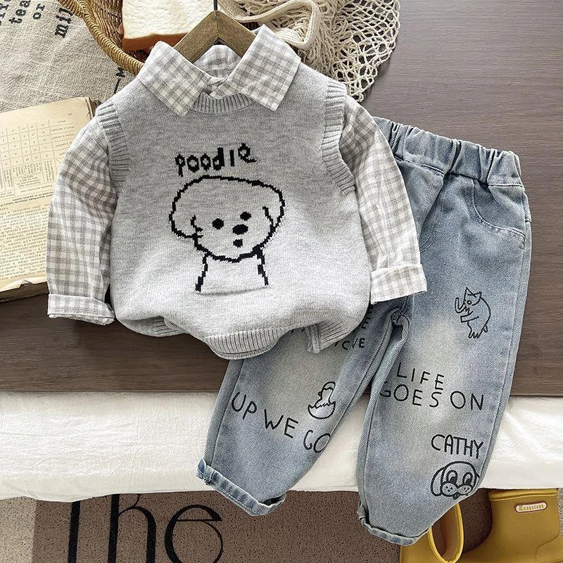 儿童春秋套装2025春秋新款男童韩版洋气宝宝春装长袖马甲三件套潮