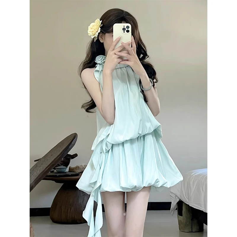 2025新款蓝绿色挂脖连衣裙子女夏季气质绝美蓬蓬花苞短裙两件套装