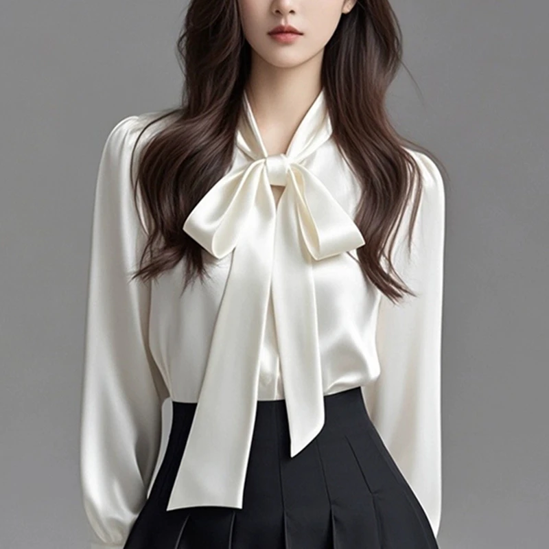 2025春秋新款高级感气质飘带蝴蝶结衬衫女长袖职业教资穿搭白衬衣