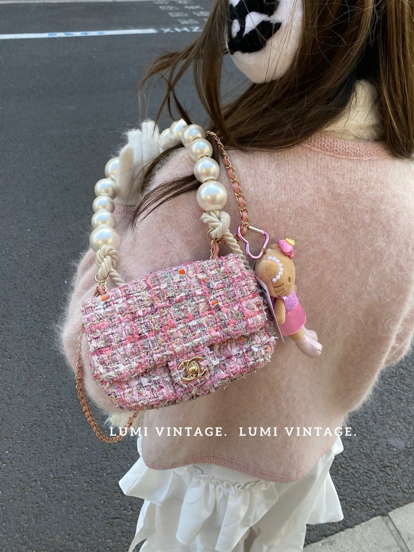 95新 Chanel/香奈儿 粉色毛呢珍珠大mini单肩包12087687