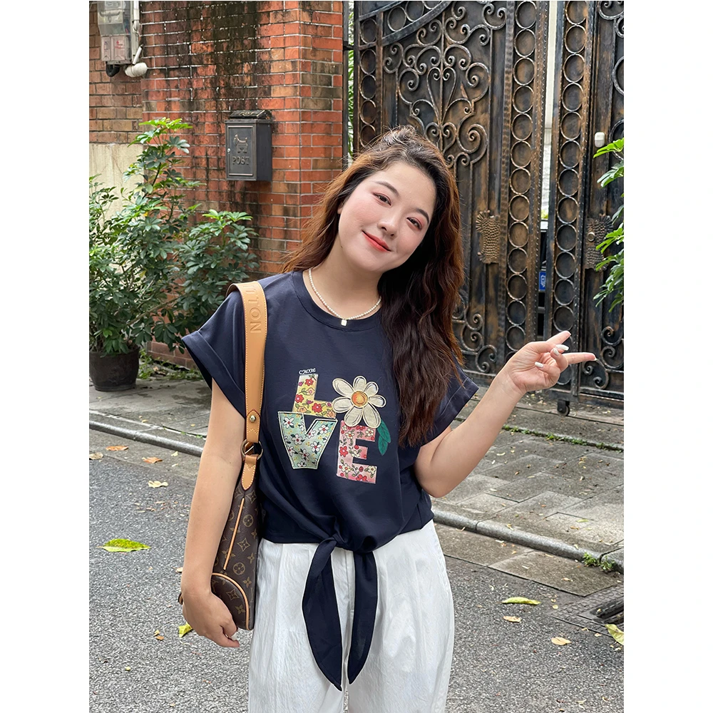 WenWen小个子休闲宽松设计感夏花朵字母绑带显瘦短袖T恤3865版