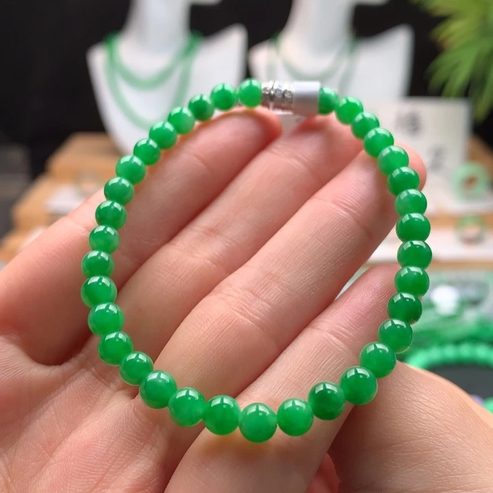 翡翠未镶嵌手链天然缅甸A货翡翠卡5.1mm胶底满阳绿
