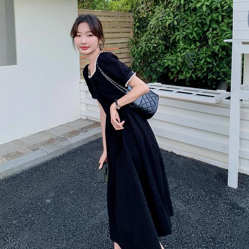 法式黑色方领连衣裙女夏季2025新款高端精致小众设计茶歇赫本风裙