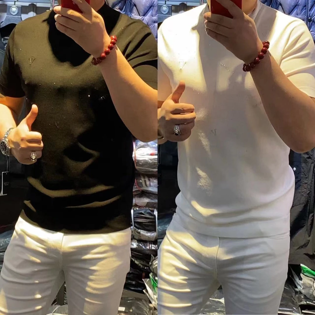 2025春夏季新款男士高端烫钻时尚短袖T恤 8623