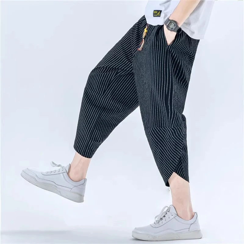 仓石一树潮牌夏季薄款亚麻裤七分裤男士直筒棉麻小脚条纹休闲裤子