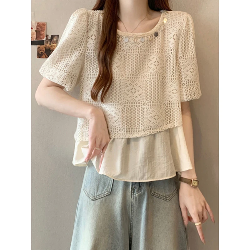 9766镂空假两件法式上衣蕾丝衫女夏季新款宽松显瘦甜美减龄衬衫女