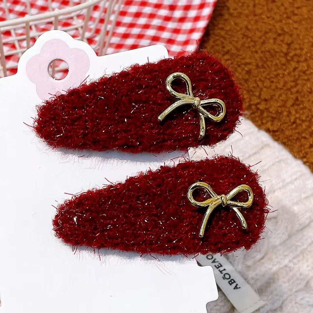 B-1750（满10米飞）hs 新年酒红水滴蝴蝶结掰掰夹 发圈