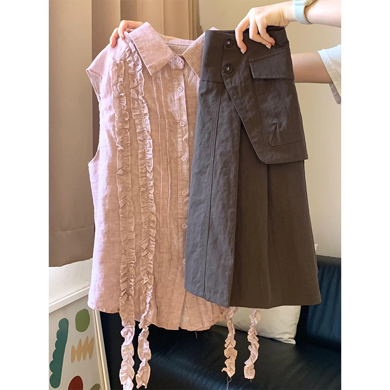 夏日ootd穿搭韩系polo领木耳边粉色上衣女宽松显瘦百褶短裙两件套