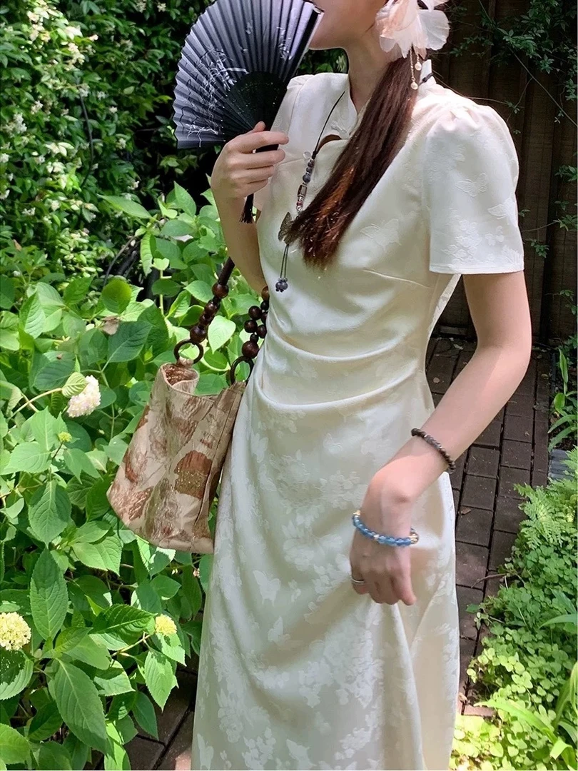 2025年新款改良旗袍连衣裙子夏季新中式国风气质收腰白色长裙3432