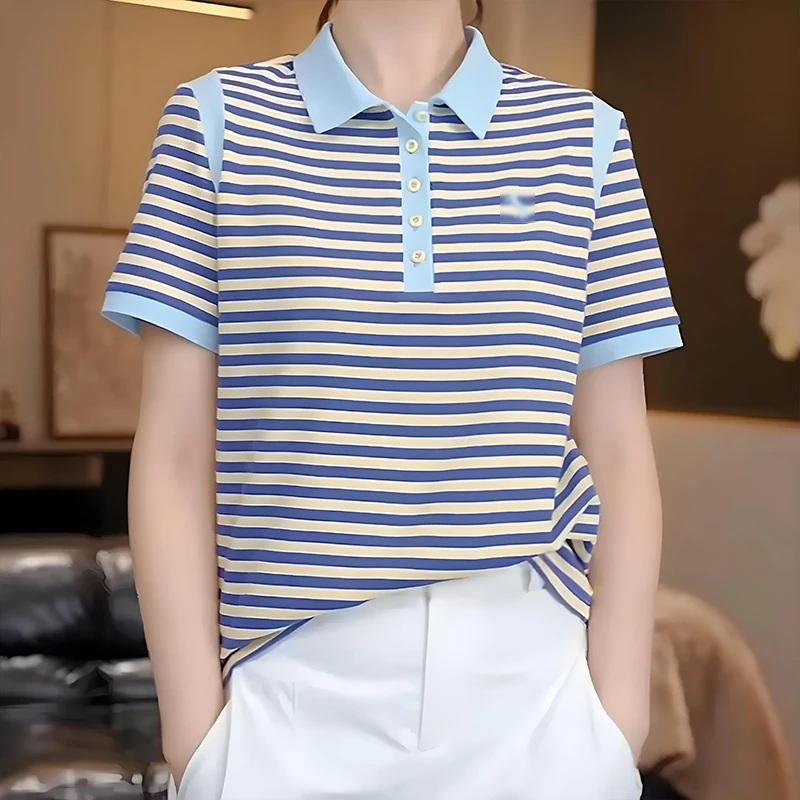 polo领撞色条纹正肩刺绣短袖T恤女夏季新款设计感休闲洋气上衣潮