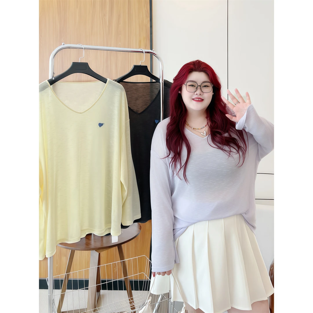 雨樱来信 / 韩系轻薄外搭v领针织罩衫15127花契大码200斤胖mm夏季