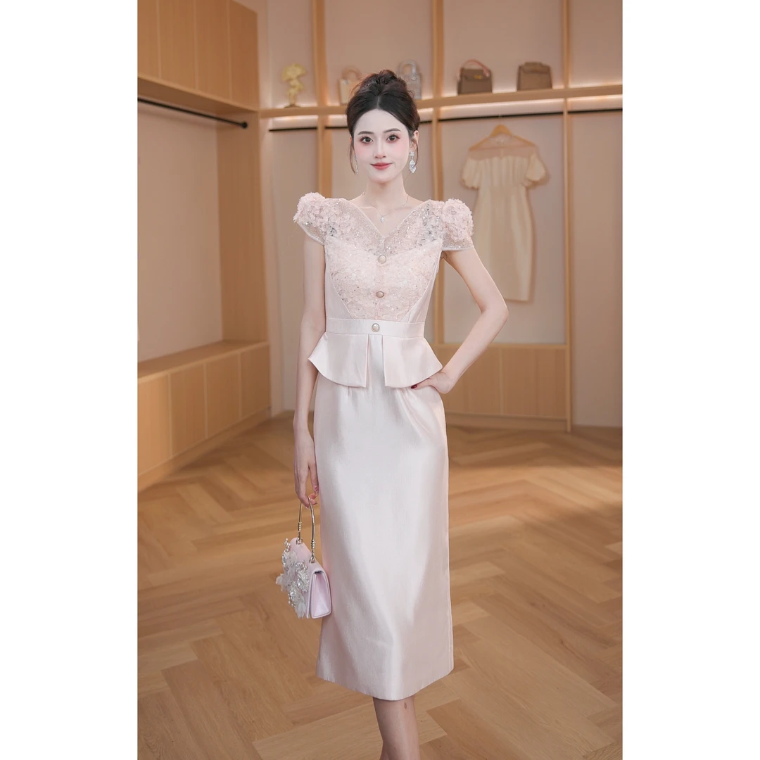 夏季时尚修身高档气质女神假两件高级感显瘦连衣裙21254