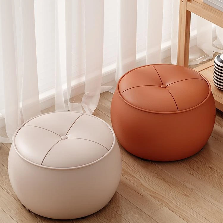 入户门口换鞋凳轻奢实木圆凳皮质家用矮凳客厅凳子沙发茶几南瓜凳