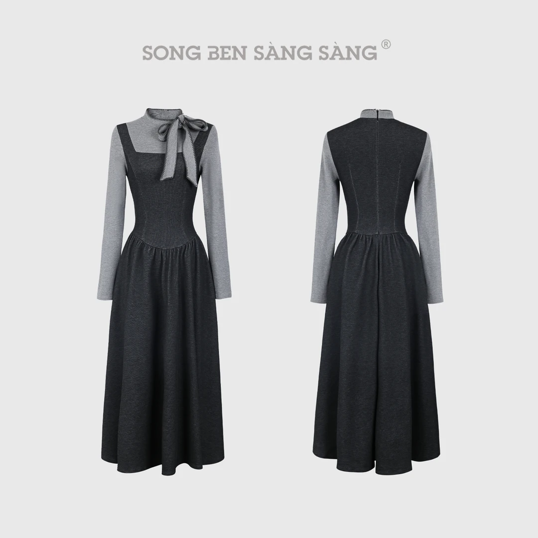 松本丧丧早秋法式茶歇绑带蝴蝶结撞色长袖假两件连衣裙B253Q1773