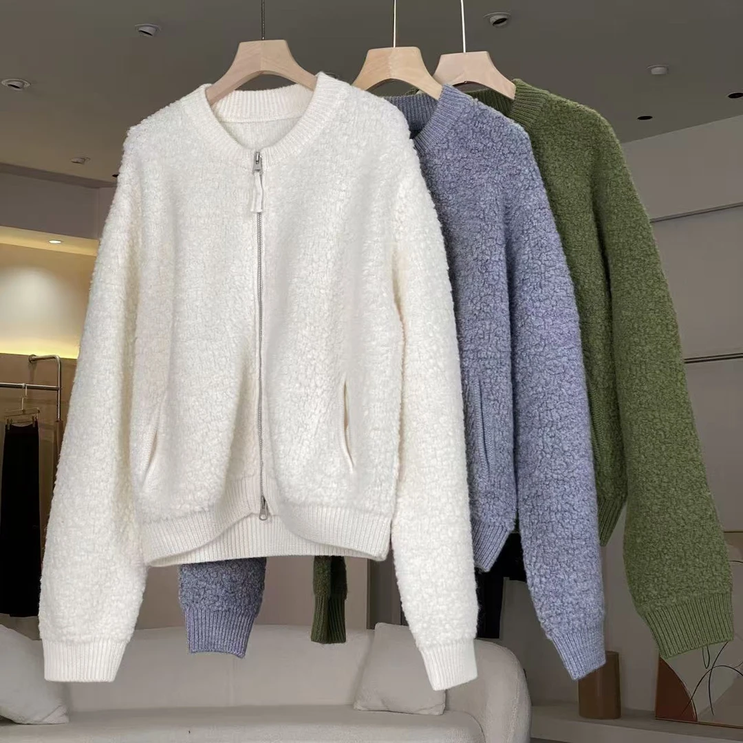 MeraxMer100%全羊毛圈圈颗粒毛衣拉链外套·厚款针织纯色大开衫