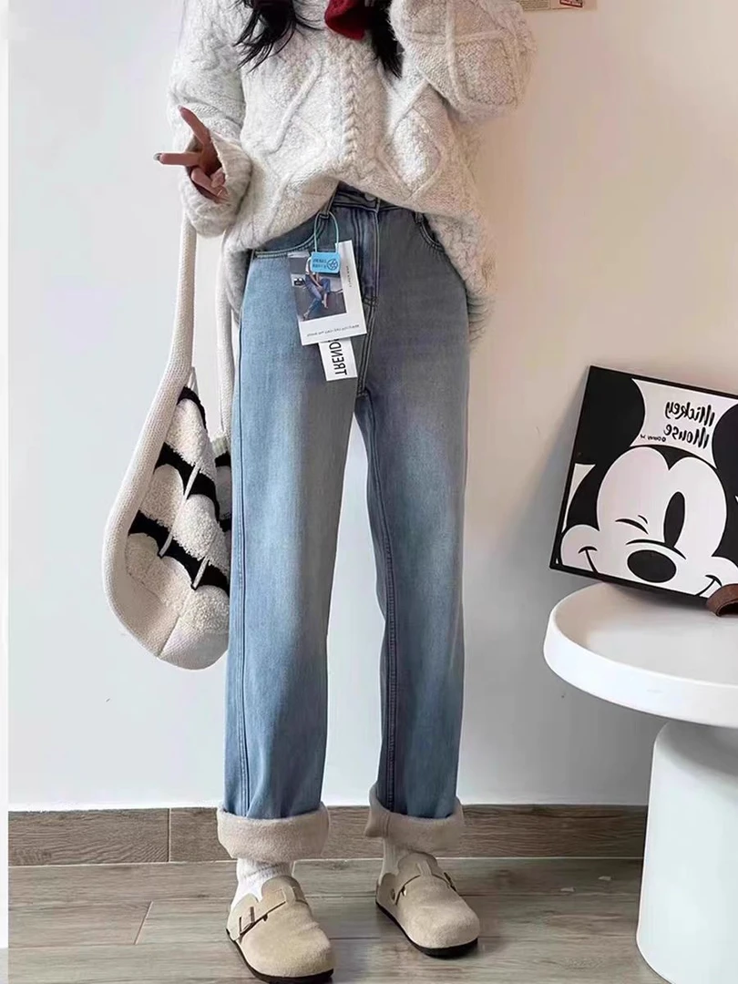 618#小个子加绒加厚阔腿牛仔裤女秋冬2024年新款梨形直筒裤裤长96