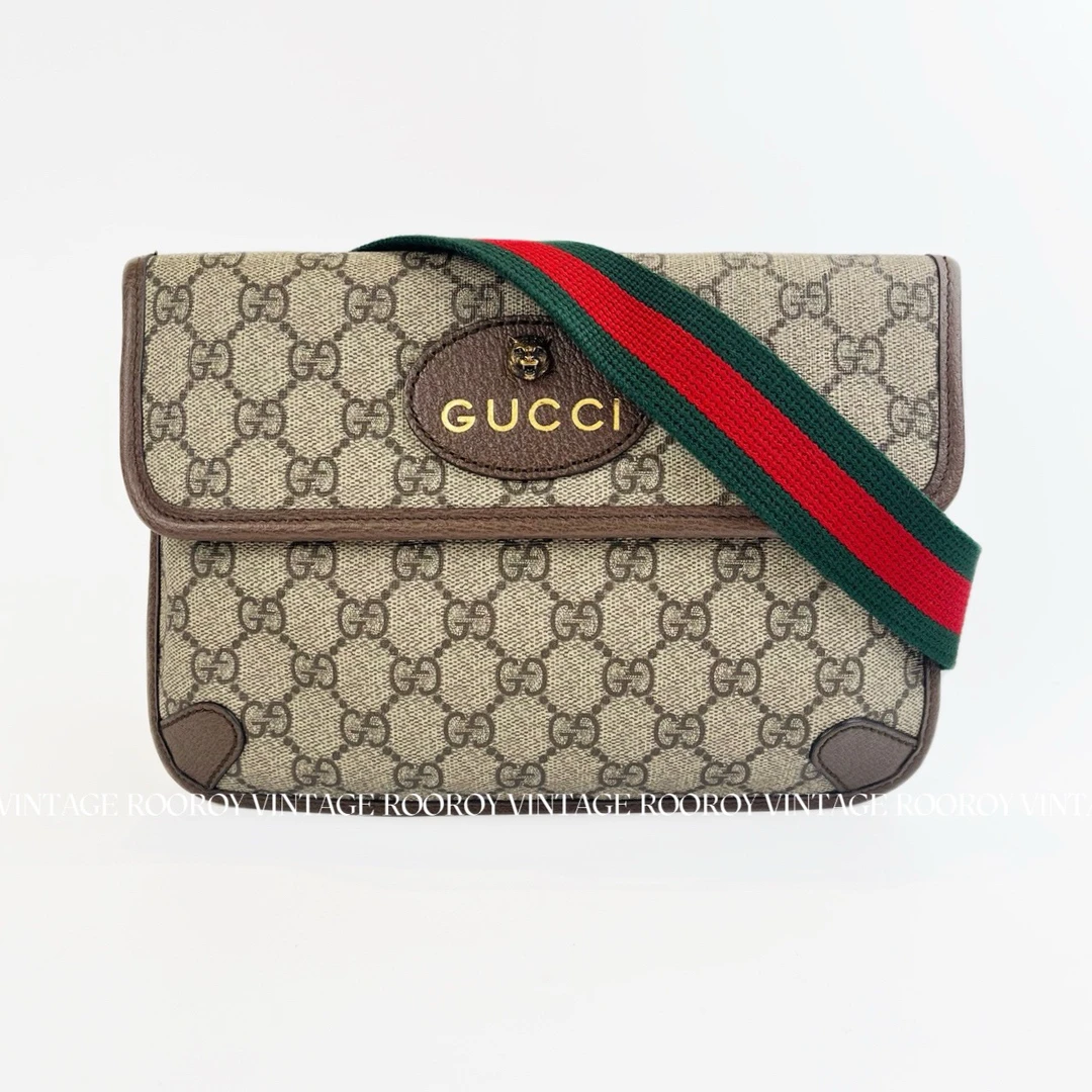 95新 GUCCI/古驰 虎头腰包 乌木色 老花 金扣 涂层帆布/7205