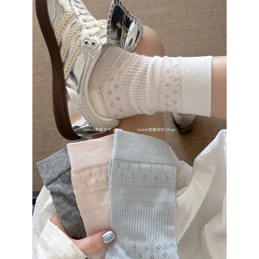 5色·韩系奶油系春夏镂空小花薄款透气无骨甜美百搭中筒堆堆袜ck