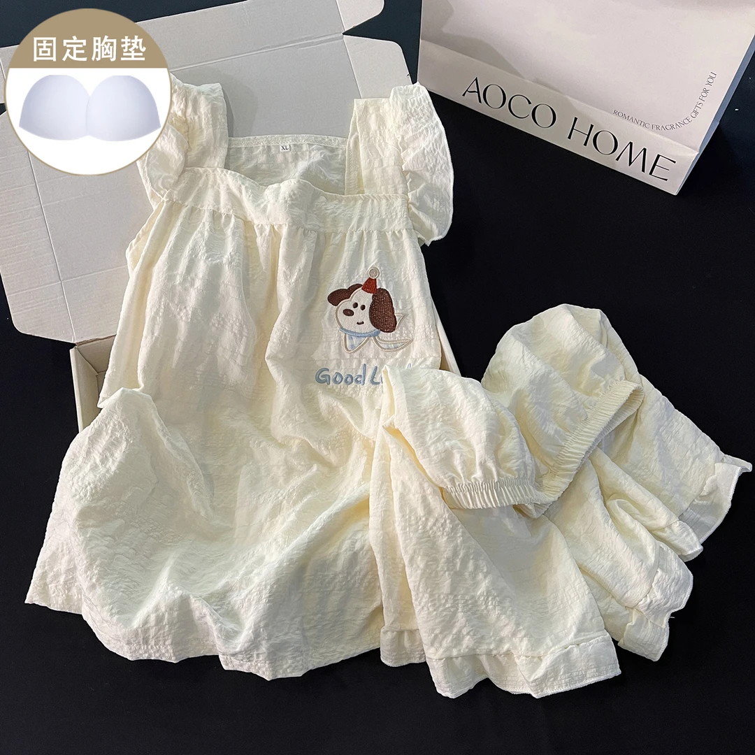 可爱小狗睡衣女生新款夏季休闲带胸垫杏色吊带飞袖短裤舒适家居服
