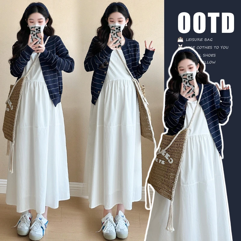 小个子孕妈实拍现货~2025春夏新品韩版时尚背心裙+针织开衫两件套