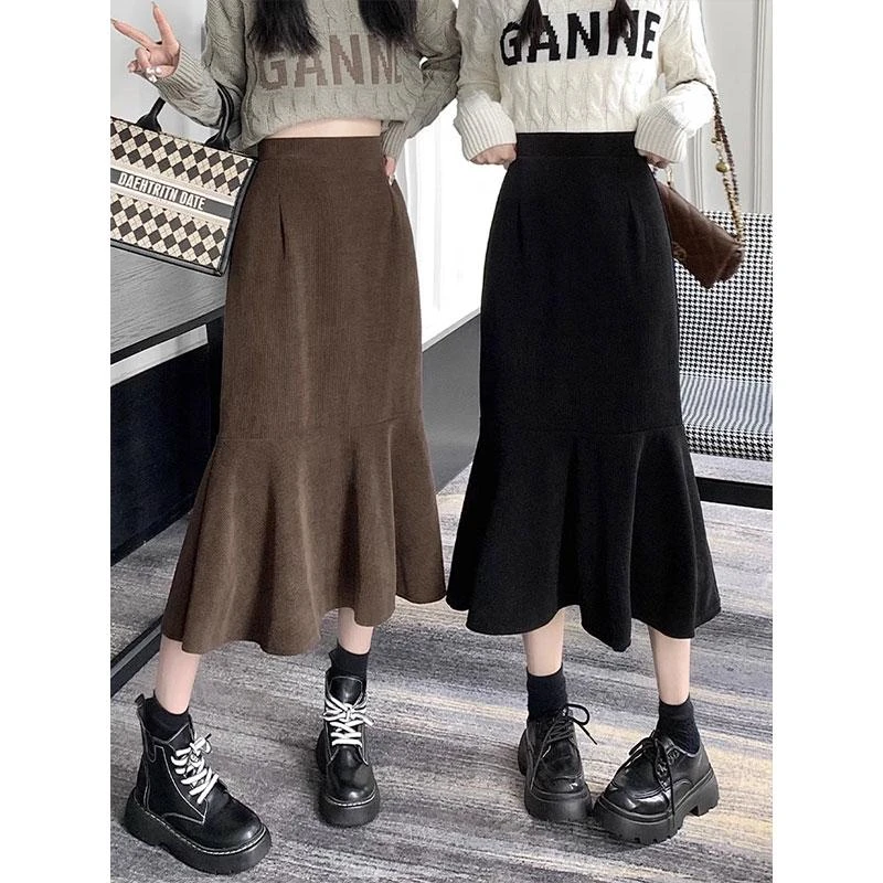 黑色高腰毛呢鱼尾半身裙女冬季小个子修身显瘦a字中长款包臀短裙