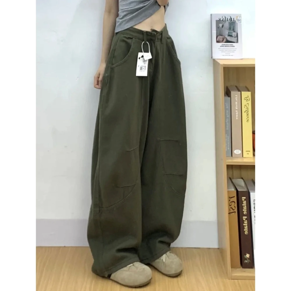 美式军绿色工装弯刀牛仔裤女夏季设计感宽松直筒阔腿香蕉镰刀裤子