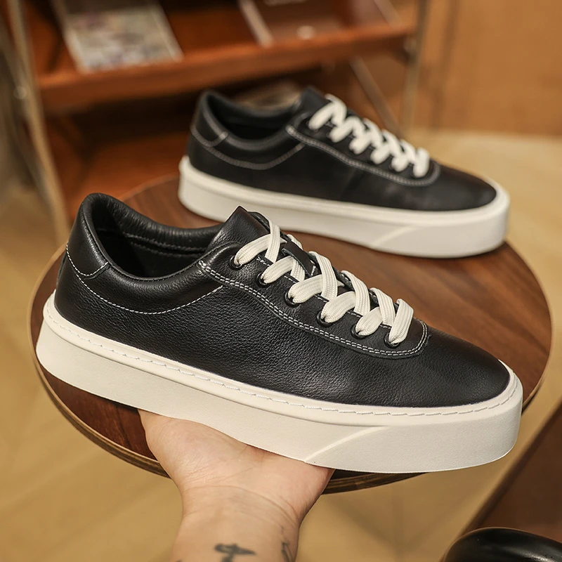 男士真皮牛皮厚底透气休闲板鞋百搭板鞋小白鞋黑色网红休闲鞋男鞋