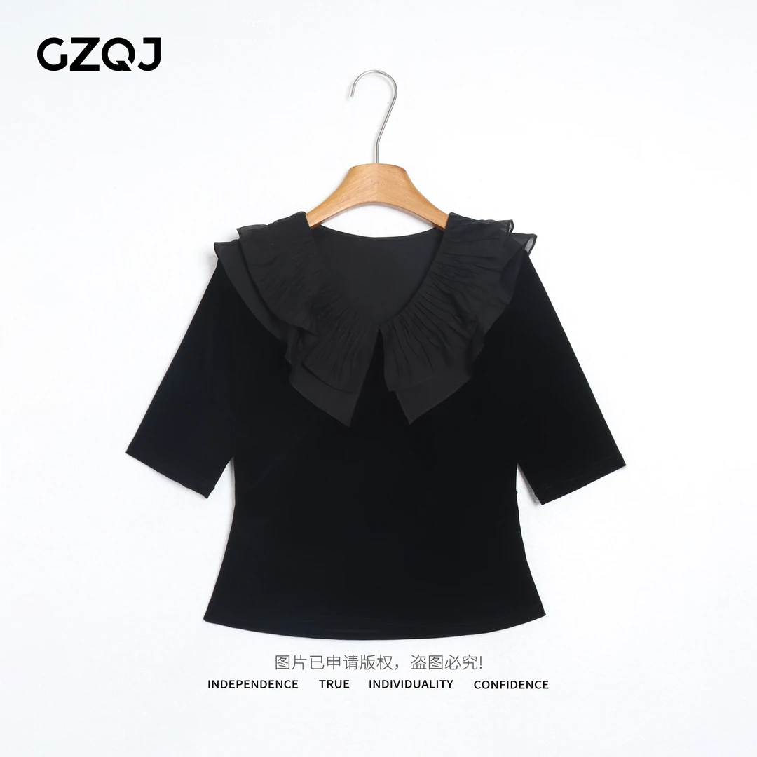 老琴私服 【双重奏】设计感潮流荷叶领中袖丝绒上衣女2025新款 0777