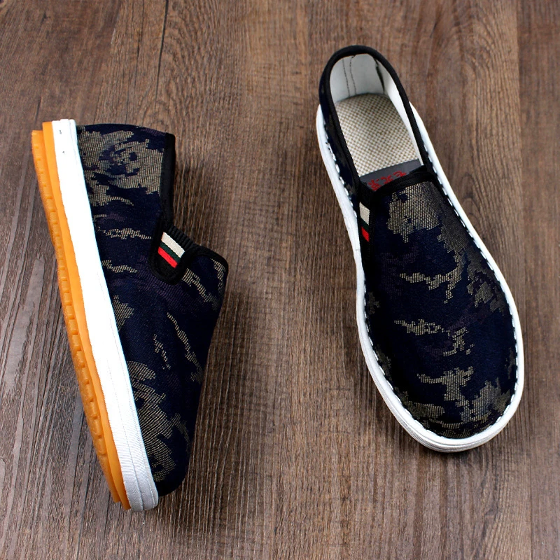 夏季新款迷彩老北京布鞋男款耐磨手工千层底透气软底一脚蹬牛筋底