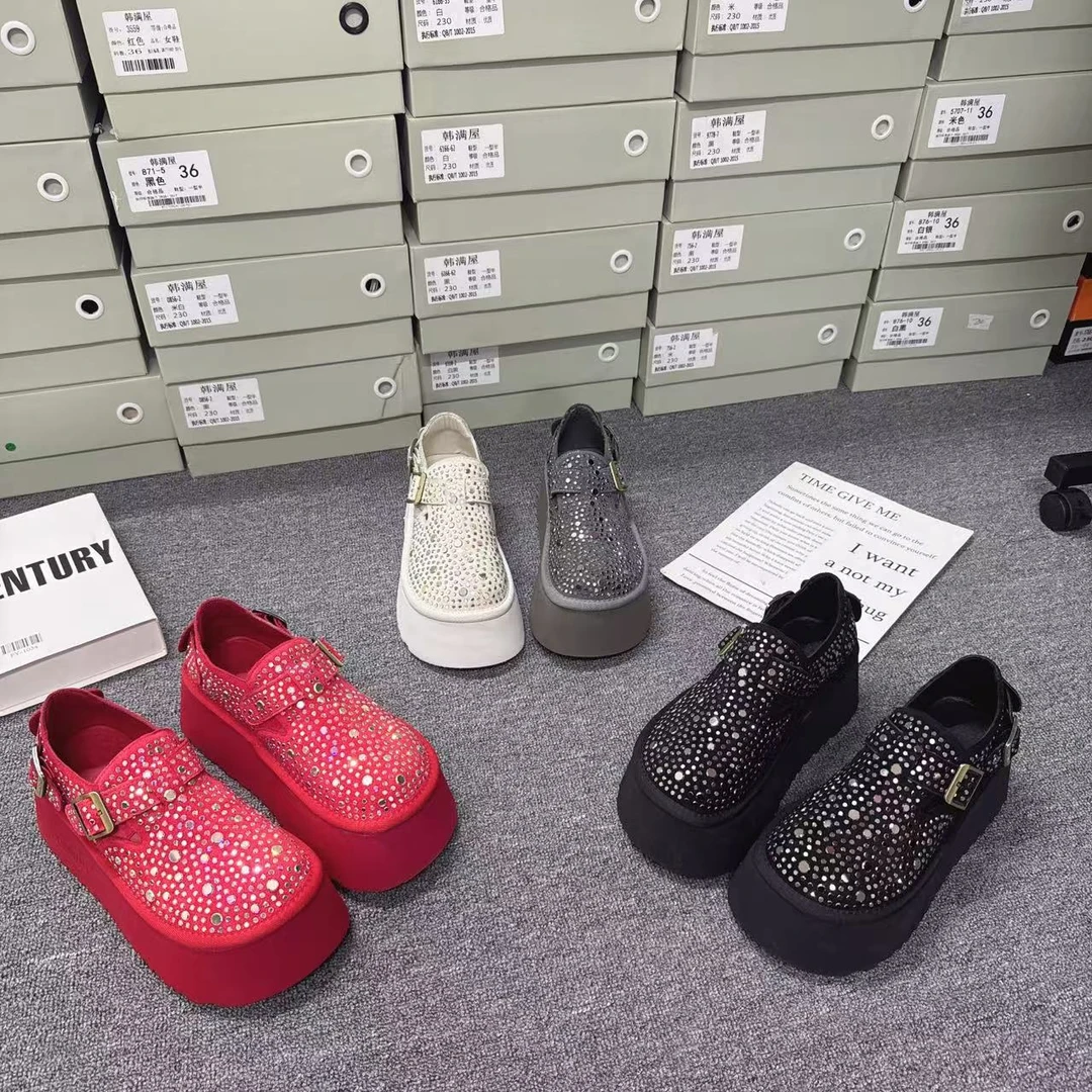 新款松糕厚底满钻博啃四季潮鞋时尚百搭女士黑色春季厚底满钻