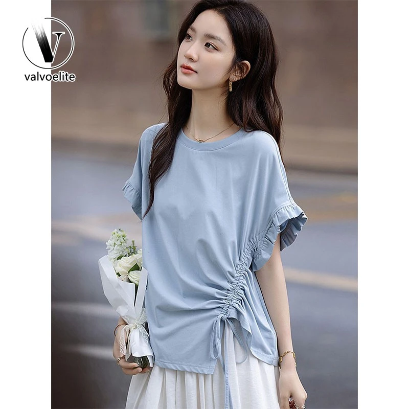 VALVOELITE设计感小众时尚侧抽绳短袖女夏季新款圆领花边百搭上衣