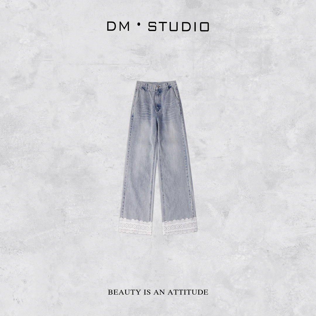 -DM•STUDIO/小众减龄气质高级感蕾丝边直筒拖地牛仔裤（91370）