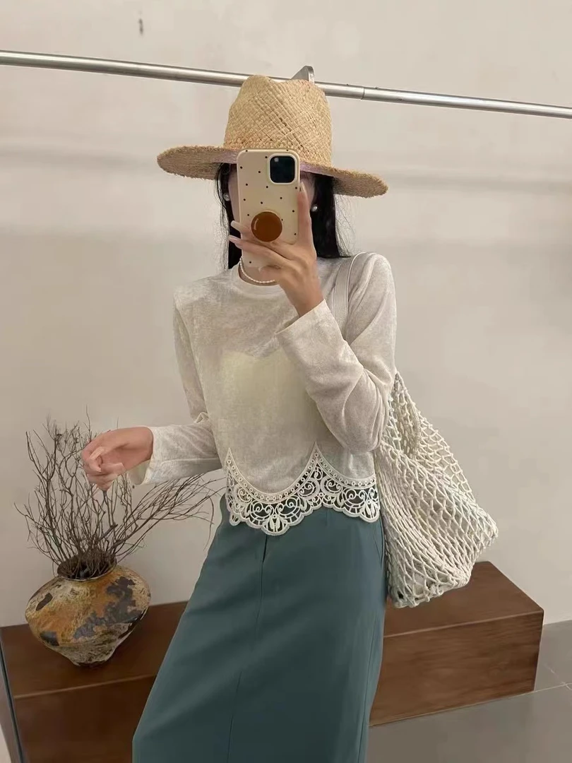 【福利品】蕾丝拼接下摆丝绒ins长袖t恤女打底洋气百搭修身显瘦衬衫