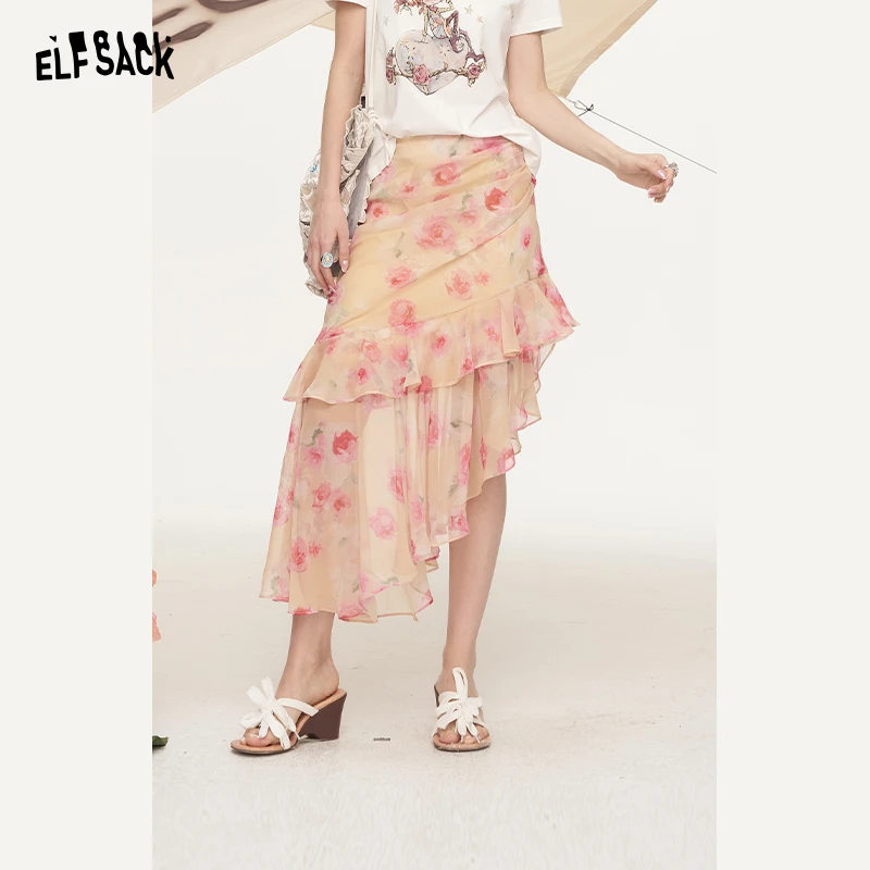 妖精的口袋玫瑰印花荷叶边半身裙女2025夏季新款不规则度假风裙子