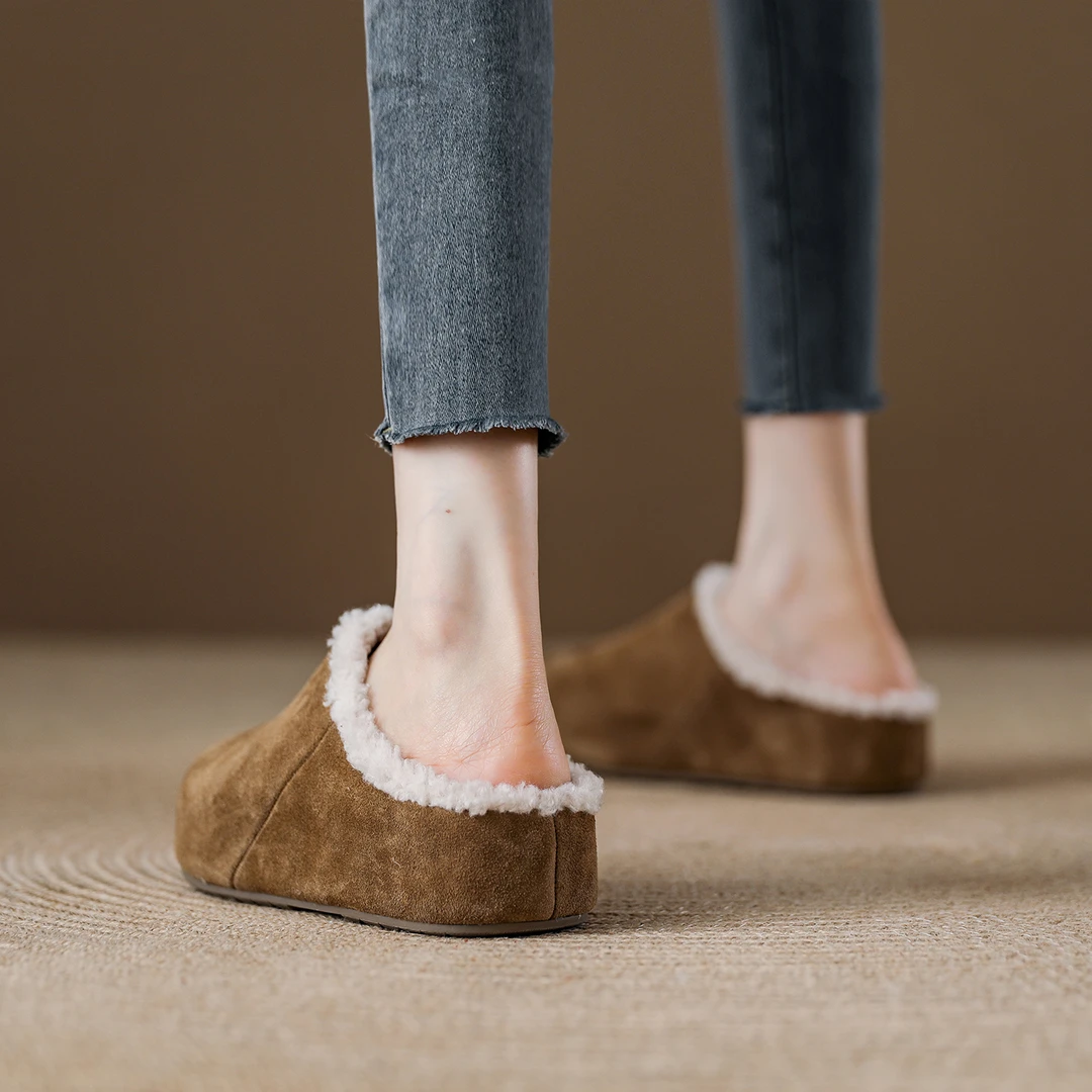 冬季一脚蹬加绒勃肯鞋女2025新款鞋子灰色全包博肯鞋外穿毛毛鞋女