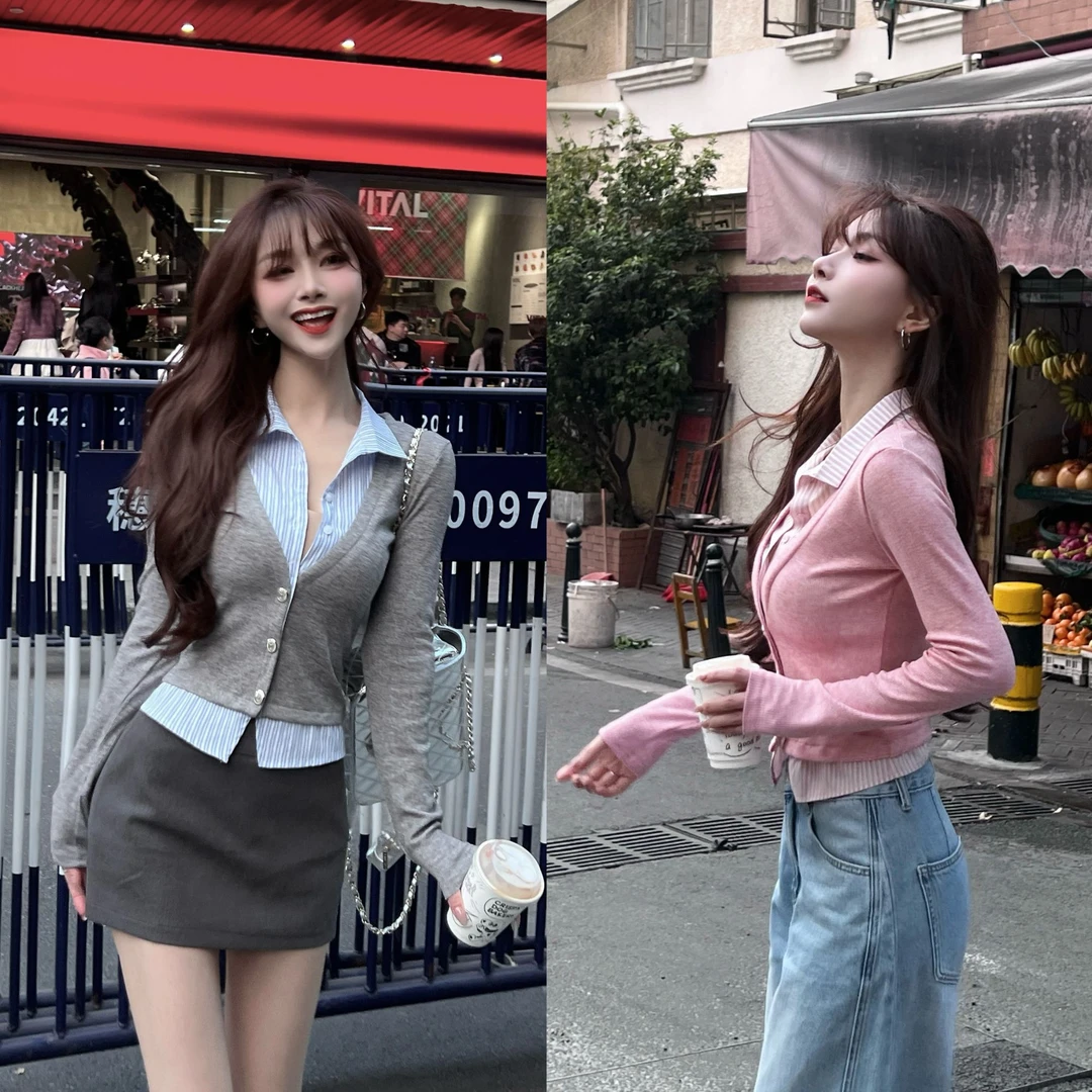 【海欧高智感】假两件气质衬衫拼接针织开衫显瘦长袖辣妹高腰短款