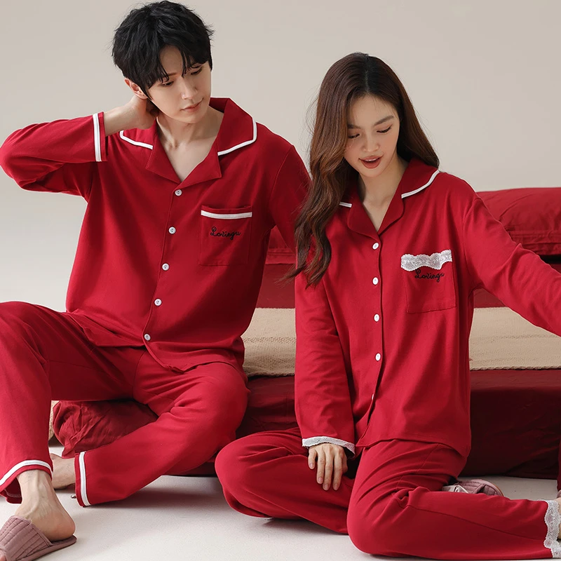 全语100%纯棉结婚睡衣情侣秋冬款本命年新婚喜庆大红色家居服男女